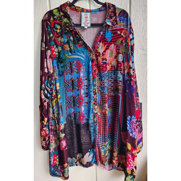 Johnny Was Dream Velvet Button Front Tunic Top floral 2XL Boho Plus Size Luxury - Picture 4 of 6